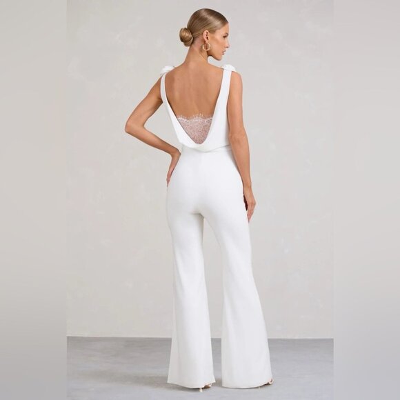 WHITE COWL-NECK JUMPSUIT WITH CORSAGES AND LACE DETAIL - Picture 3 of 9